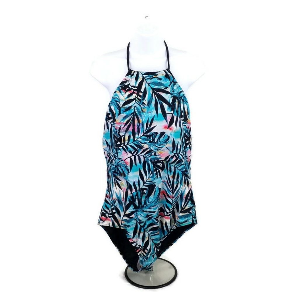 Reel Legends Multicolor Party Palm High Neck One Piece Swimsuit Womens XXL NWT